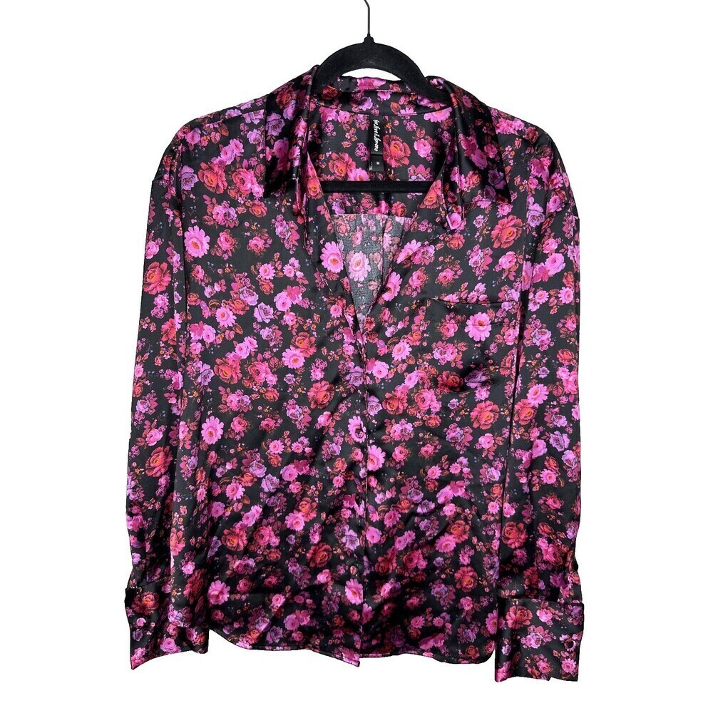For Love & Lemons Floral Shirt Medium Button Down Long Sleeve Blouse Black Pink